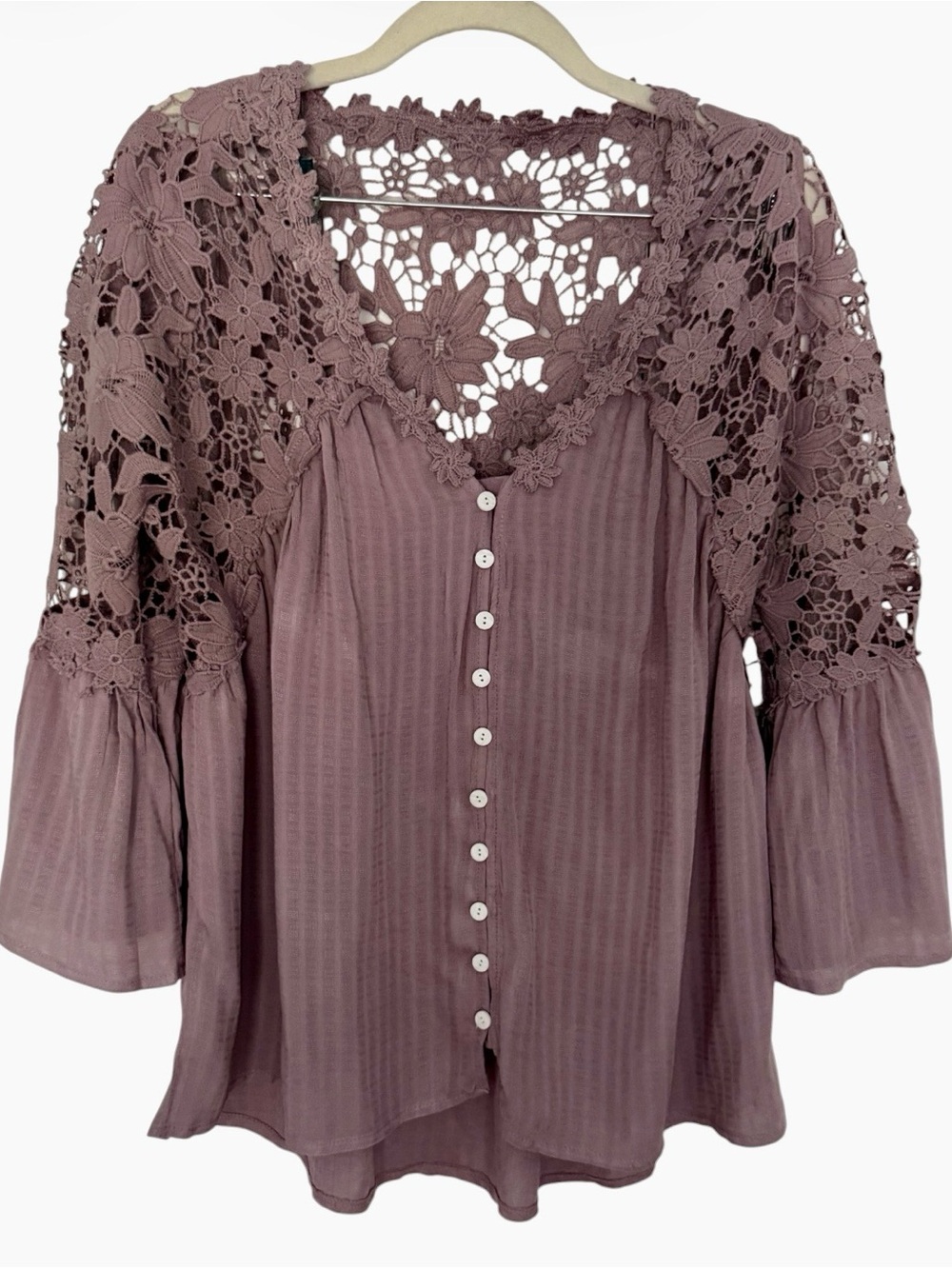 Romantic Lace V-Neck Bohemian Flowy Shirt 3/4 Flare Sleeve Casual Blouse Top S - Picture 4 of 6